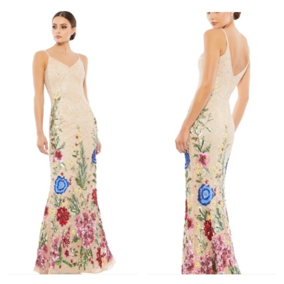Mac Duggal 5475 NWT FLORAL EMBELLISHED SPAGHETTI STRAP GOWN - Picture 1 of 8